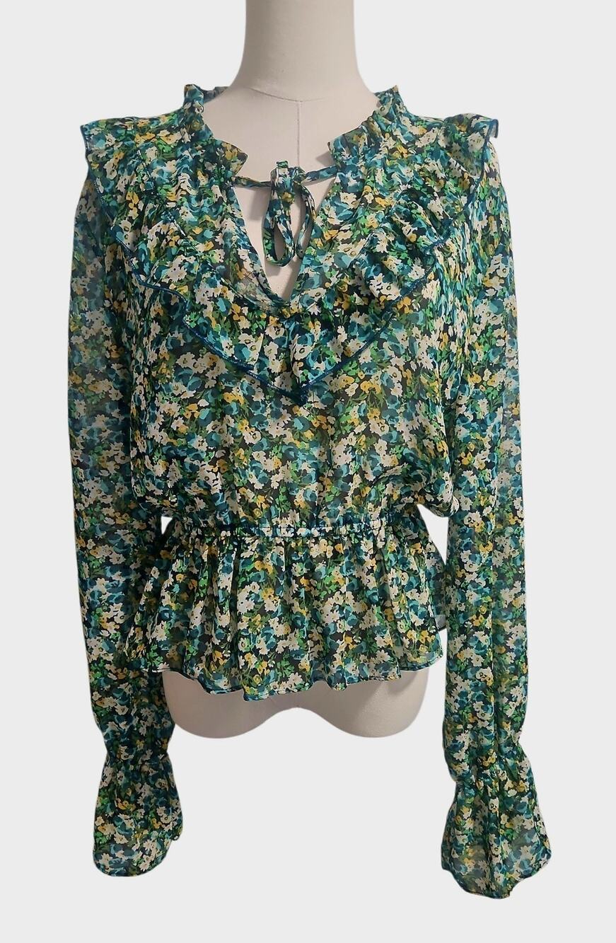 Lulus Forsythia Green Floral Print Long Sleeve Blouse Top SZ Large